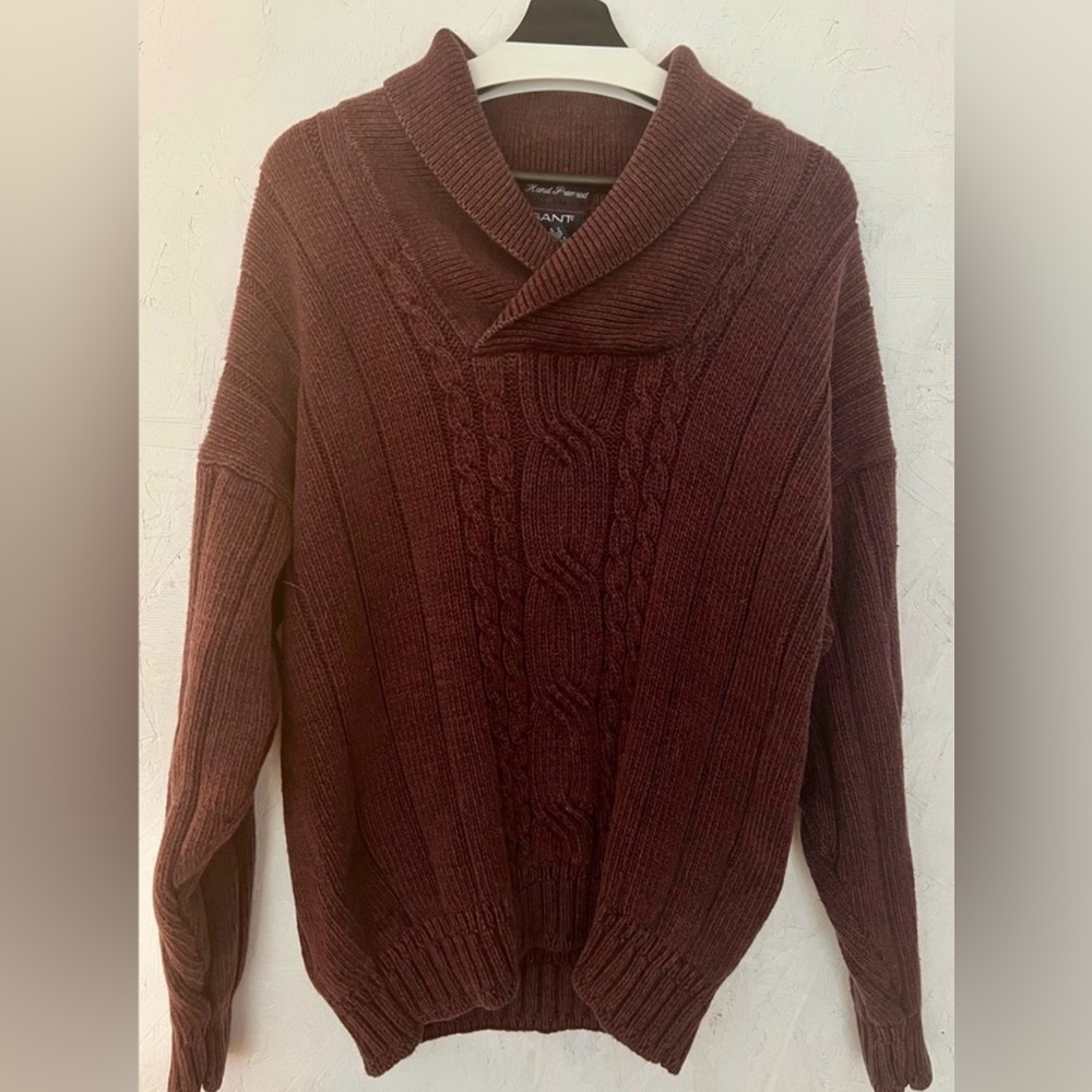 Vintage GANT 90s Hand Framed 100% Cotton Shawl Collar Sweater in Burgundy XL